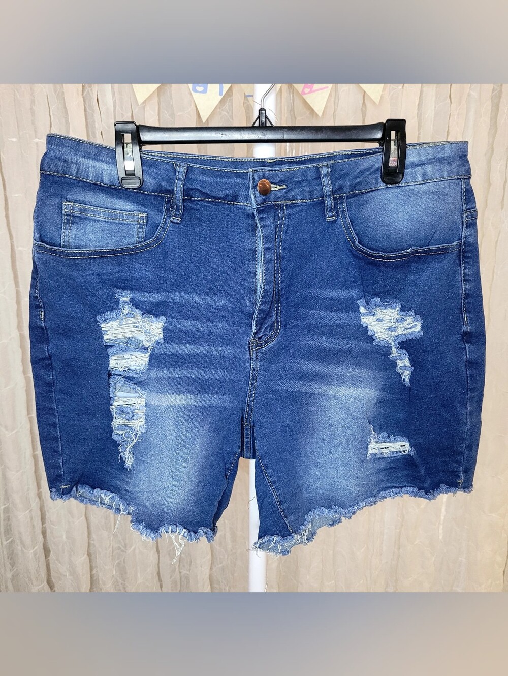 High Rise Distressed Shredded Blue Denim Cutoff Shorts Size 1XL